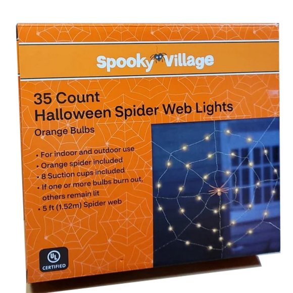 Spooky Village Halloween Spider Web Orange Lights Indoor Outdoor 5 Ft 35 Count - Picture 1 of 2